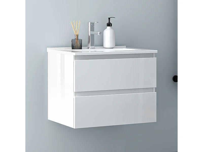 AICA Waschbeckenunterschrank 60cm Dünn Keramik Waschtisch mit Unterschrank - Hochglanz Weiß Hängeschrank - CINIC