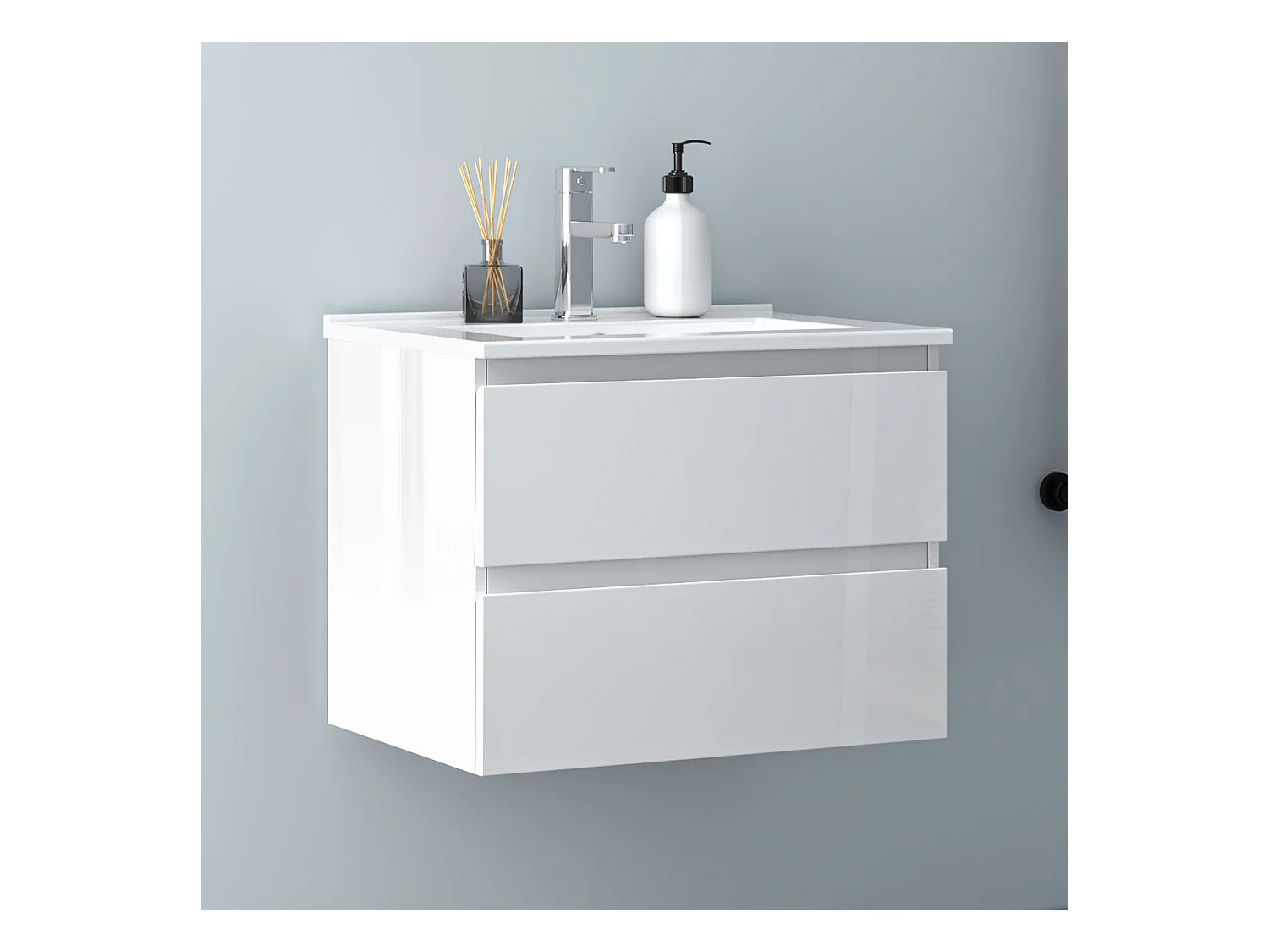 AICA Waschbeckenunterschrank 60cm Dünn Keramik Waschtisch mit Unterschrank - Hochglanz Weiß Hängeschrank - CINIC