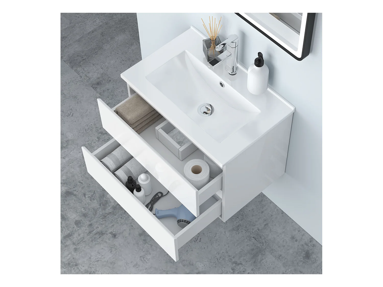 AICA Waschbeckenunterschrank 60cm Dünn Keramik Waschtisch mit Unterschrank - Hochglanz Weiß Hängeschrank - CINIC