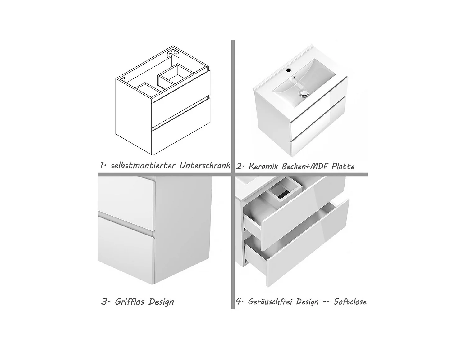 AICA Waschbeckenunterschrank 60cm Dünn Keramik Waschtisch mit Unterschrank - Hochglanz Weiß Hängeschrank - CINIC