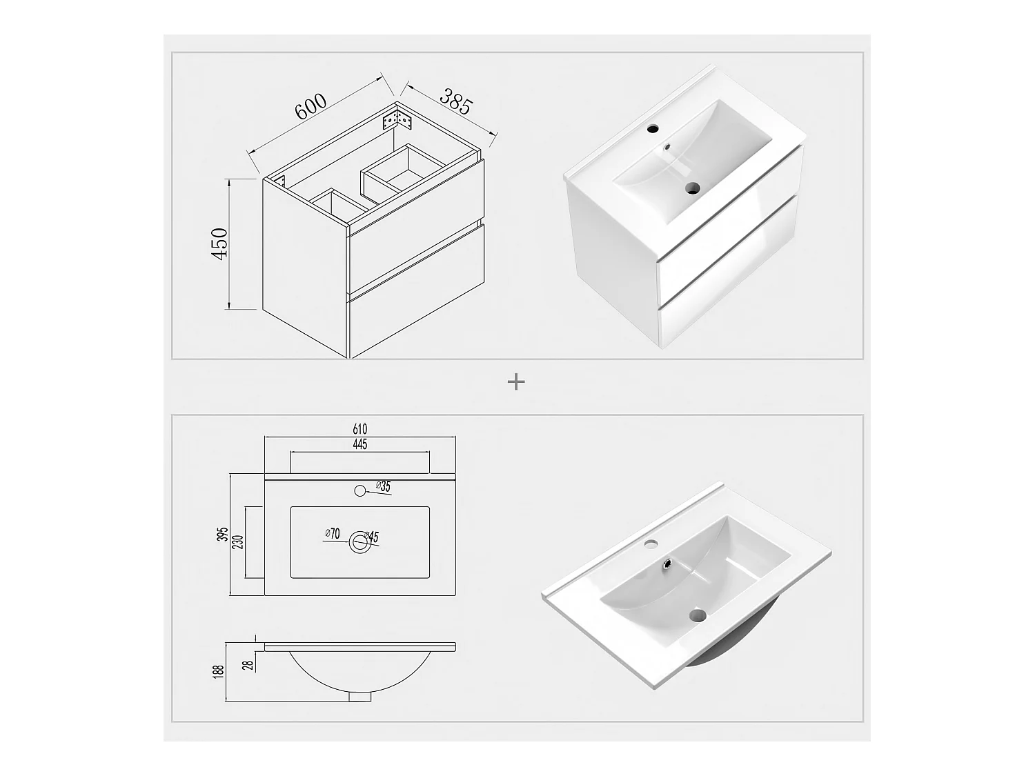 AICA Waschbeckenunterschrank 60cm Dünn Keramik Waschtisch mit Unterschrank - Hochglanz Weiß Hängeschrank - CINIC