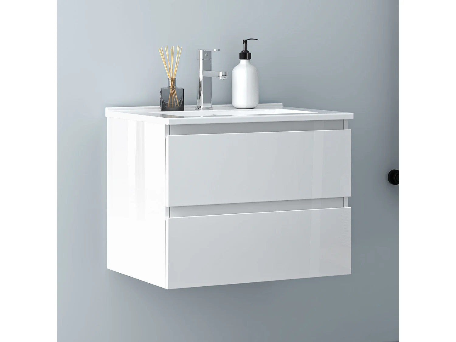AICA Waschbeckenunterschrank 60cm Dünn Keramik Waschtisch mit Unterschrank - Hochglanz Weiß Hängeschrank - CINIC