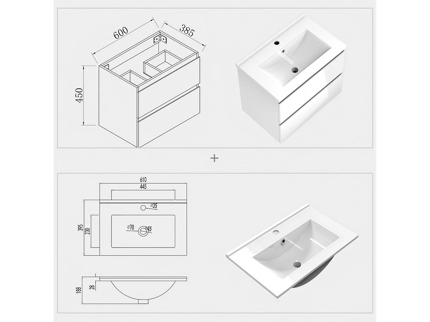 AICA Waschbeckenunterschrank 60cm Dünn Keramik Waschtisch mit Unterschrank - Hochglanz Weiß Hängeschrank - CINIC