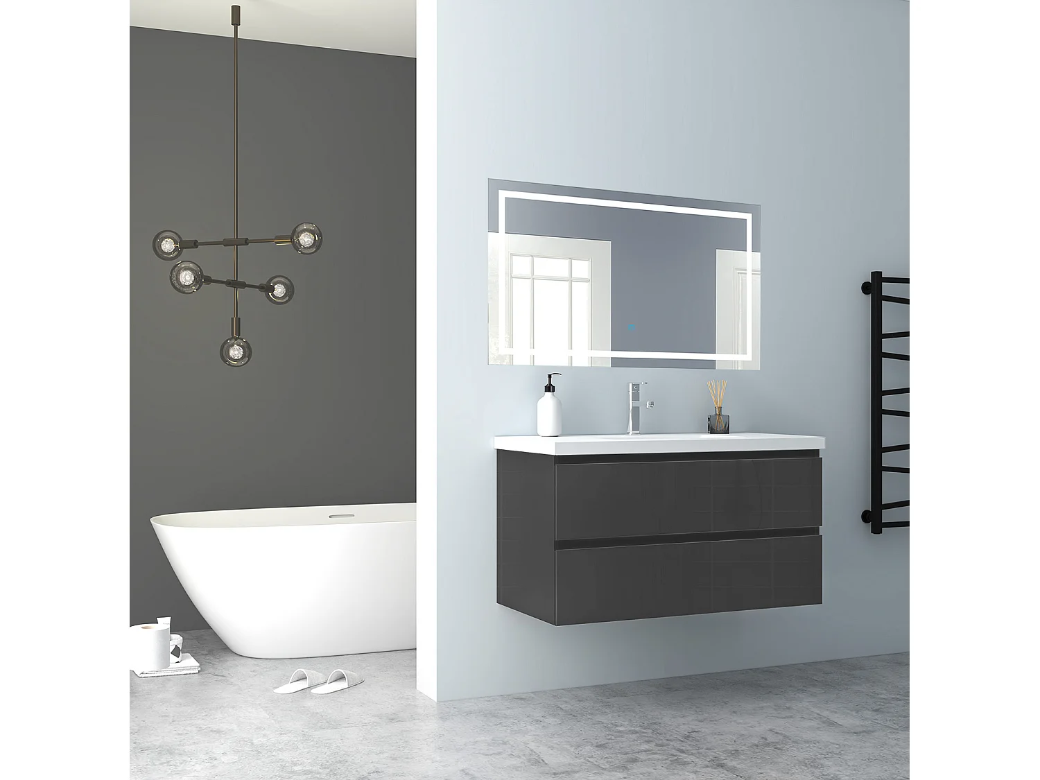 AICA Waschbeckenunterschrank hängend 100cm Mineralguss Waschtisch mit Unterschrank - Hochglanz Dunkelgrau - CINIC