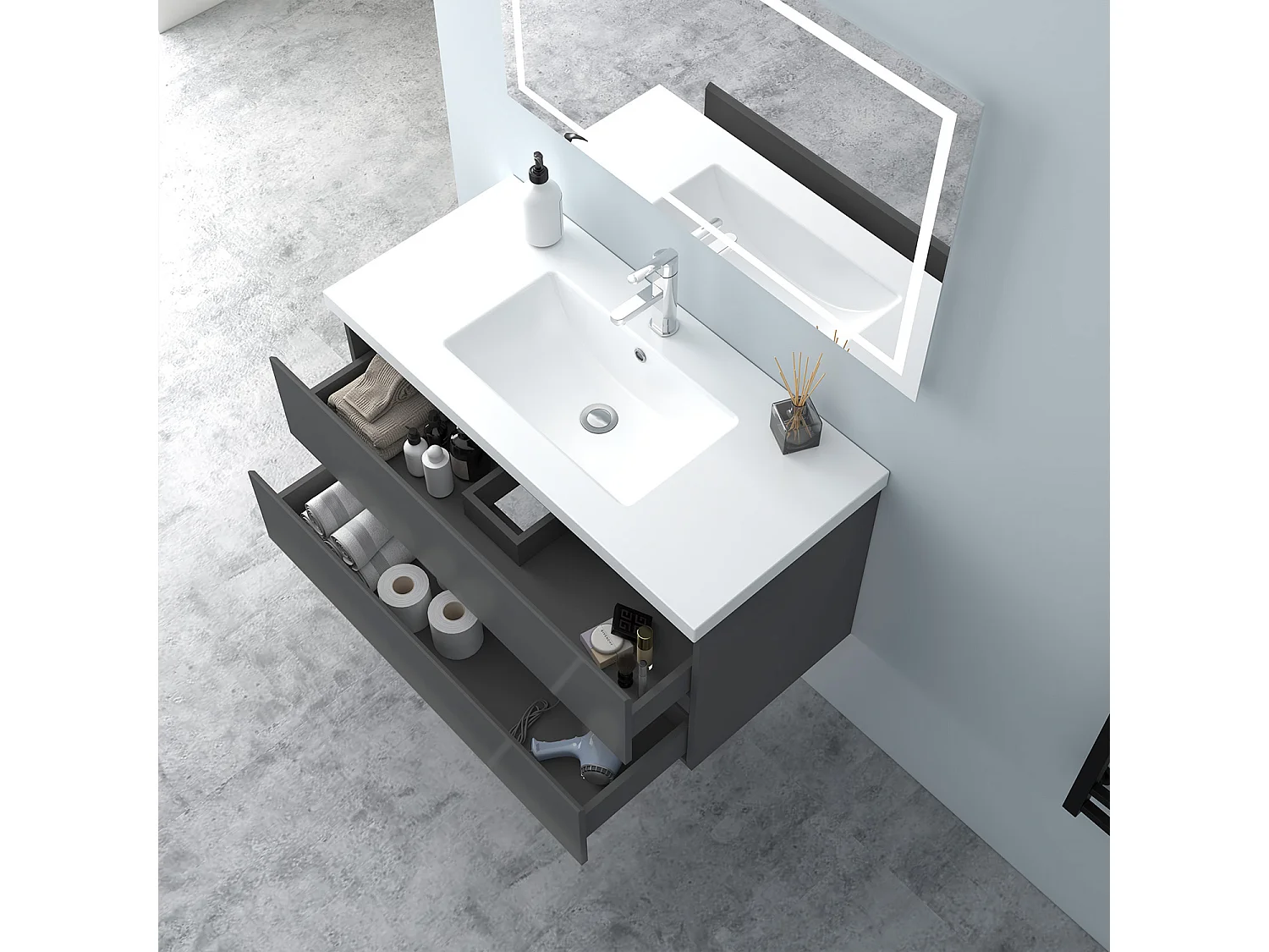 AICA Waschbeckenunterschrank hängend 100cm Mineralguss Waschtisch mit Unterschrank - Hochglanz Dunkelgrau - CINIC