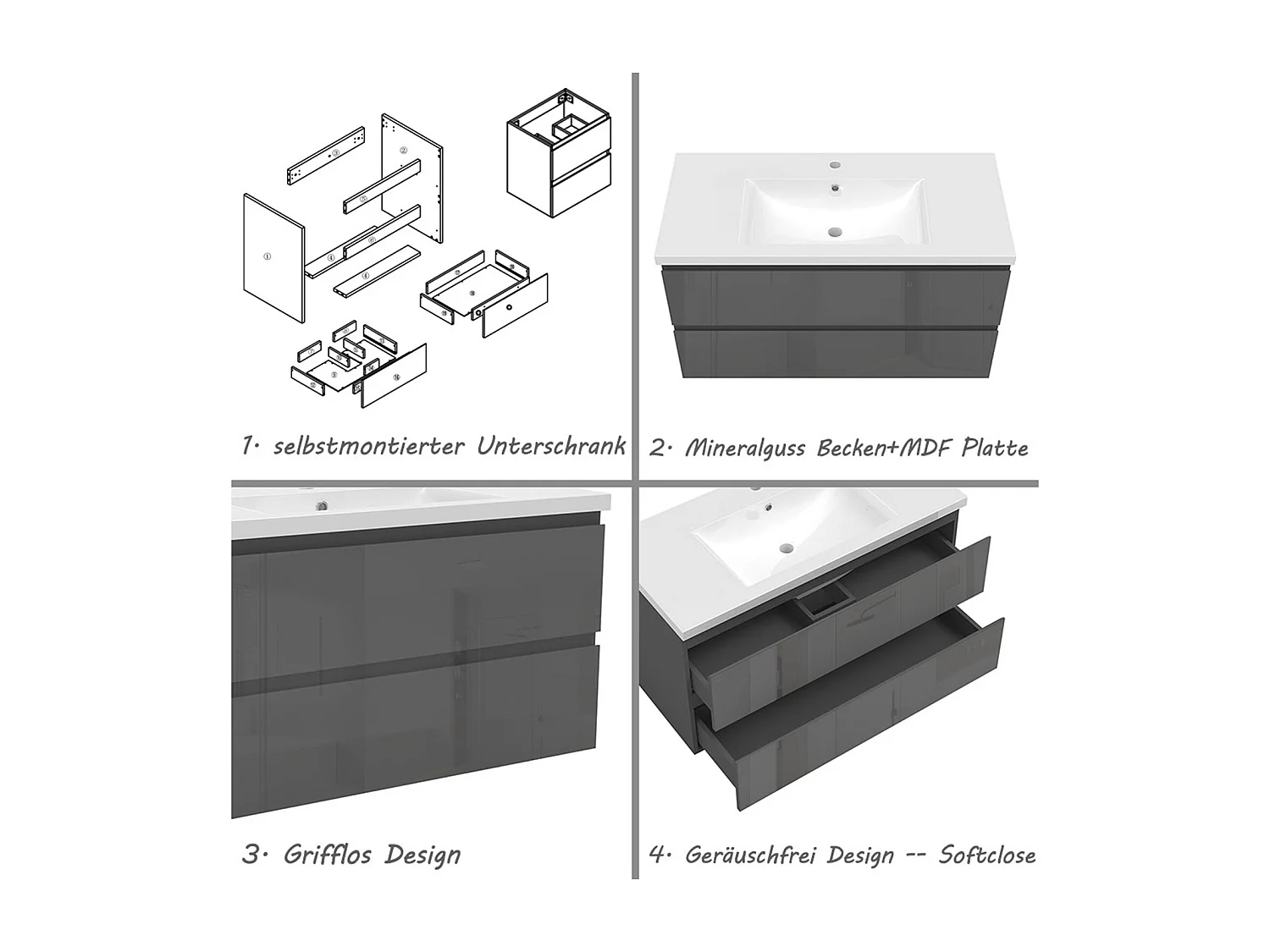 AICA Waschbeckenunterschrank hängend 100cm Mineralguss Waschtisch mit Unterschrank - Hochglanz Dunkelgrau - CINIC