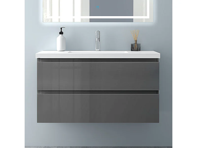 AICA Waschbeckenunterschrank hängend 100cm Mineralguss Waschtisch mit Unterschrank - Hochglanz Dunkelgrau - CINIC
