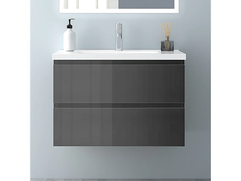AICA Waschbeckenunterschrank hängend 80cm Keramik Waschtisch mit Unterschrank - Hochglanz Dunkelgrau - CINIC