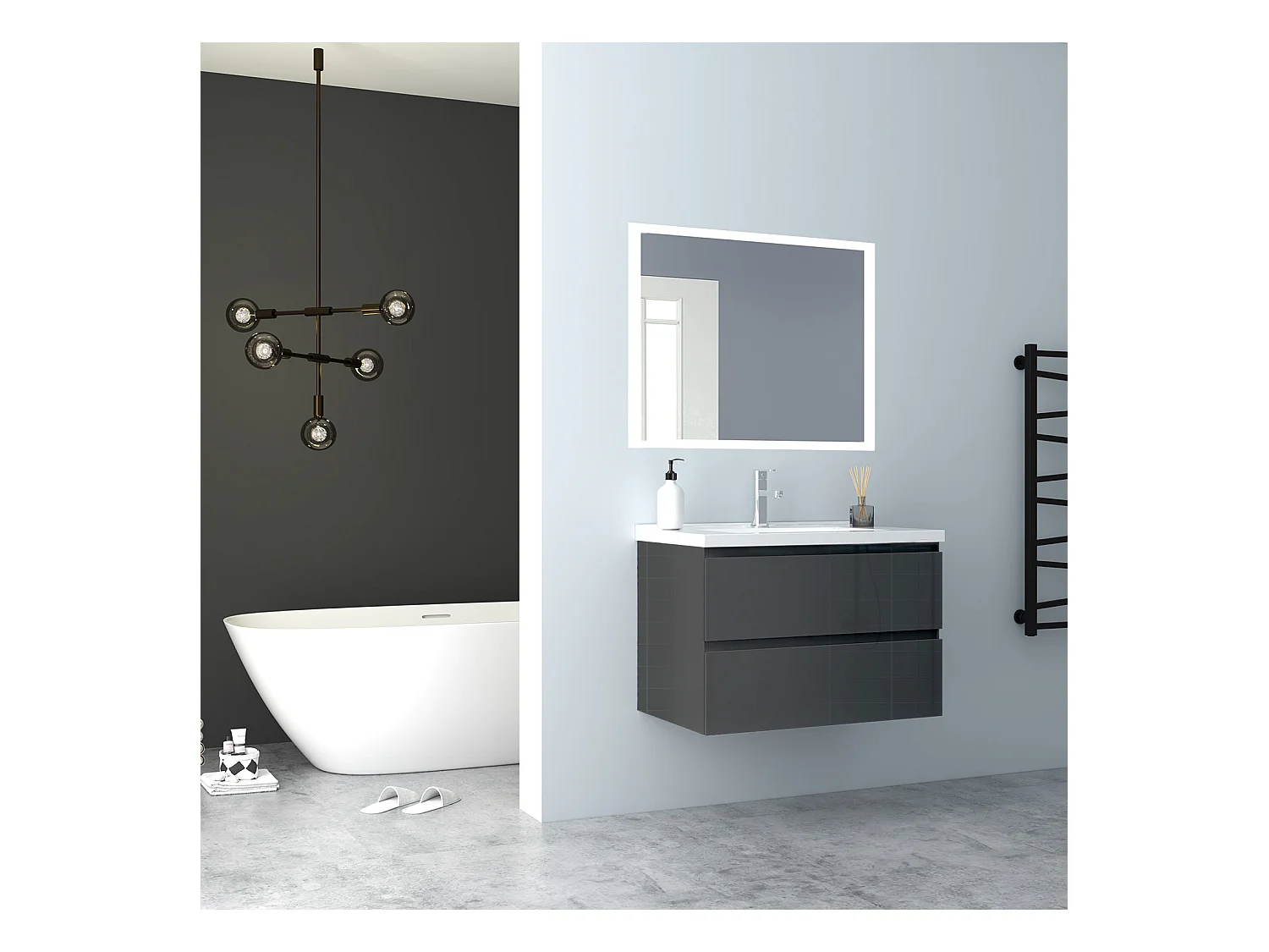 AICA Waschbeckenunterschrank hängend 80cm Keramik Waschtisch mit Unterschrank - Hochglanz Dunkelgrau - CINIC