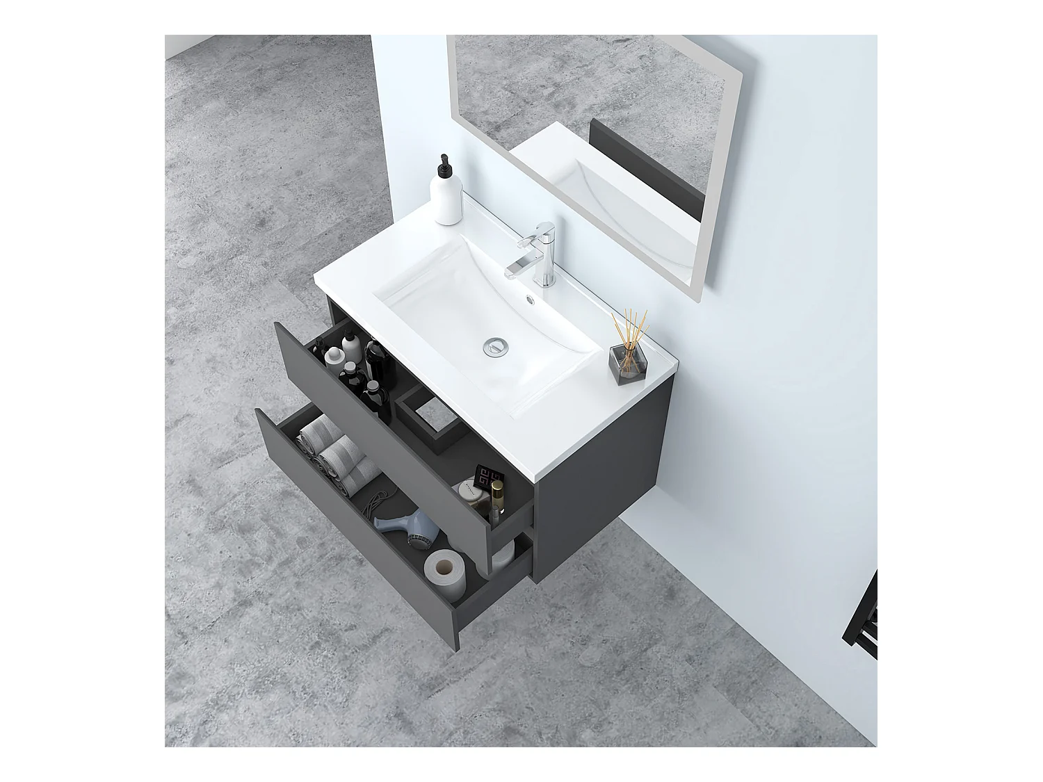 AICA Waschbeckenunterschrank hängend 80cm Keramik Waschtisch mit Unterschrank - Hochglanz Dunkelgrau - CINIC