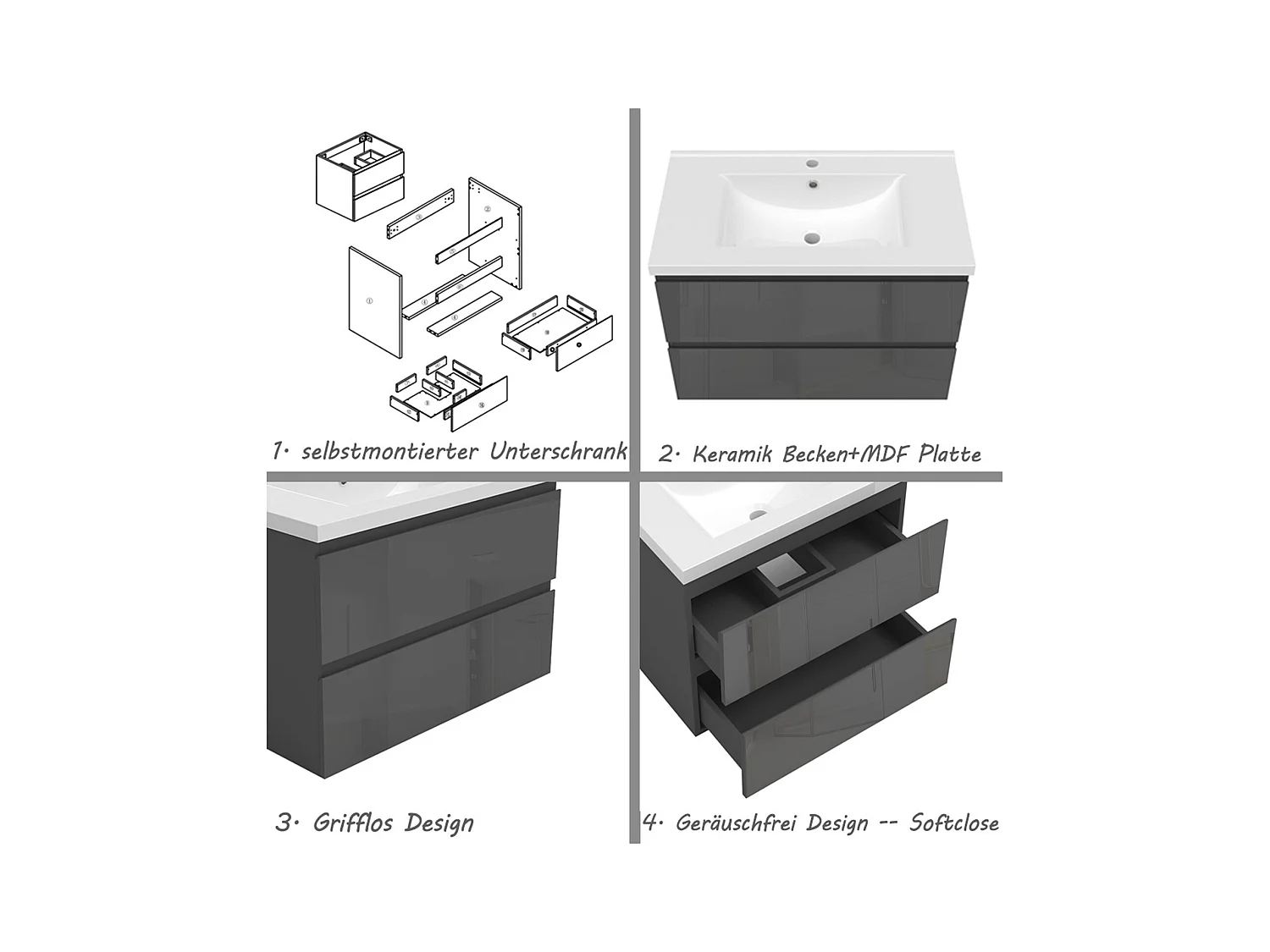 AICA Waschbeckenunterschrank hängend 80cm Keramik Waschtisch mit Unterschrank - Hochglanz Dunkelgrau - CINIC