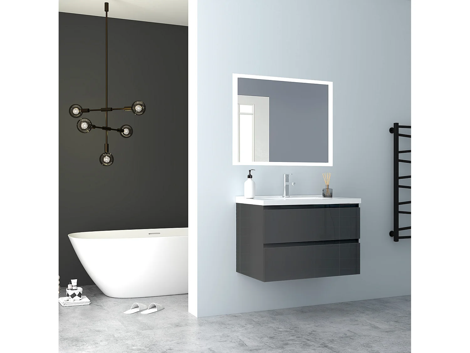 AICA Waschbeckenunterschrank hängend 80cm Keramik Waschtisch mit Unterschrank - Hochglanz Dunkelgrau - CINIC