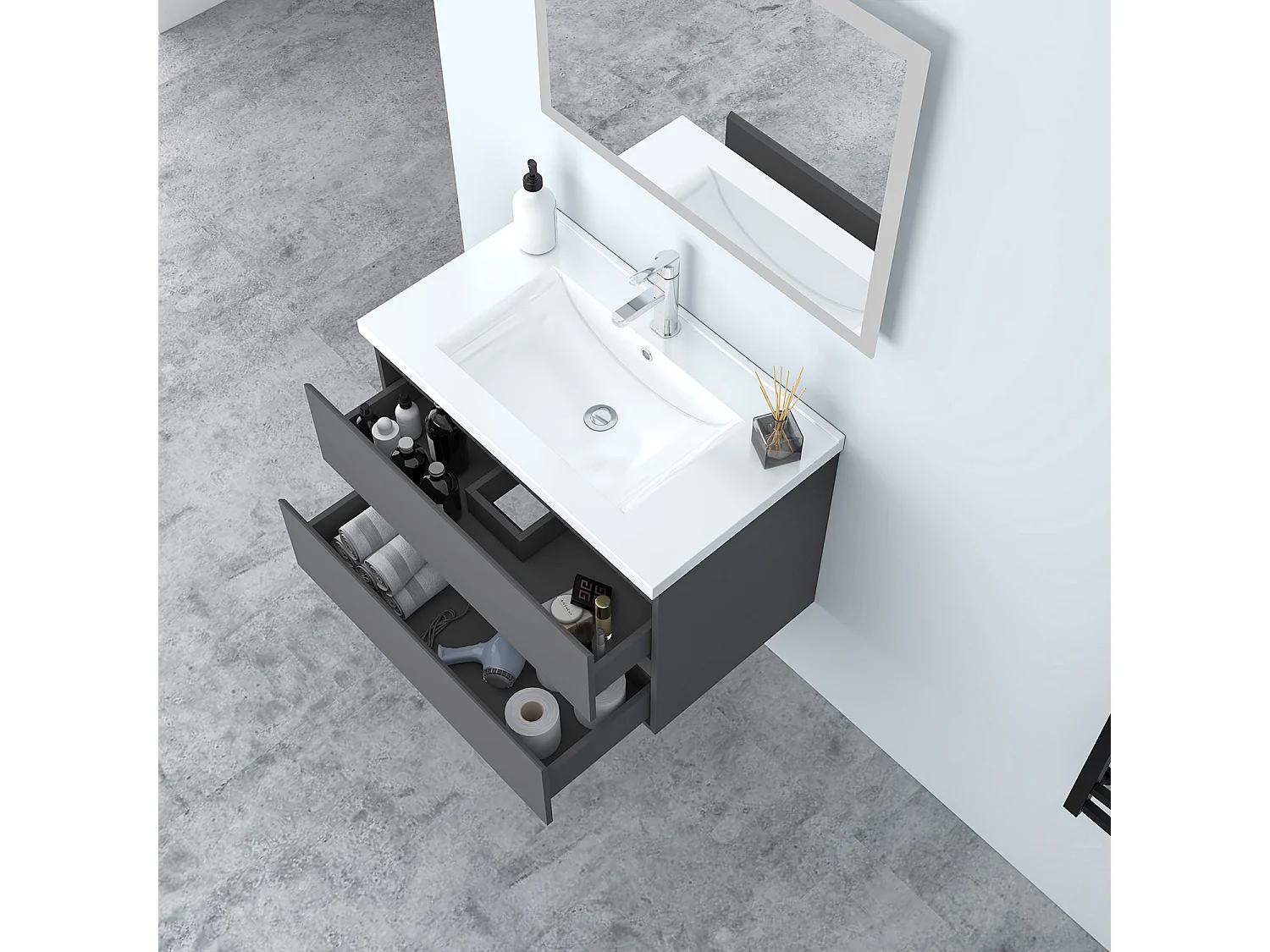 AICA Waschbeckenunterschrank hängend 80cm Keramik Waschtisch mit Unterschrank - Hochglanz Dunkelgrau - CINIC
