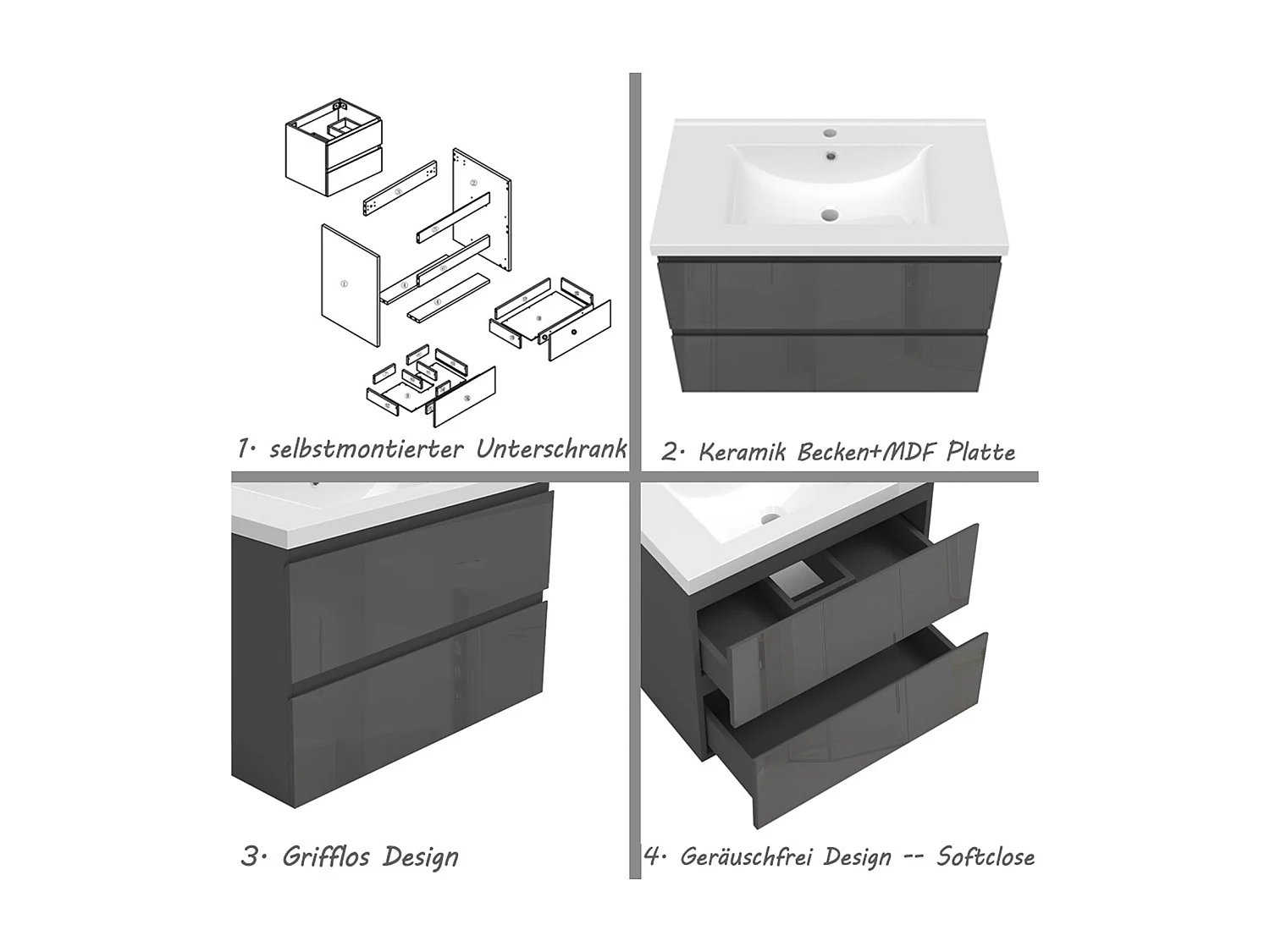 AICA Waschbeckenunterschrank hängend 80cm Keramik Waschtisch mit Unterschrank - Hochglanz Dunkelgrau - CINIC
