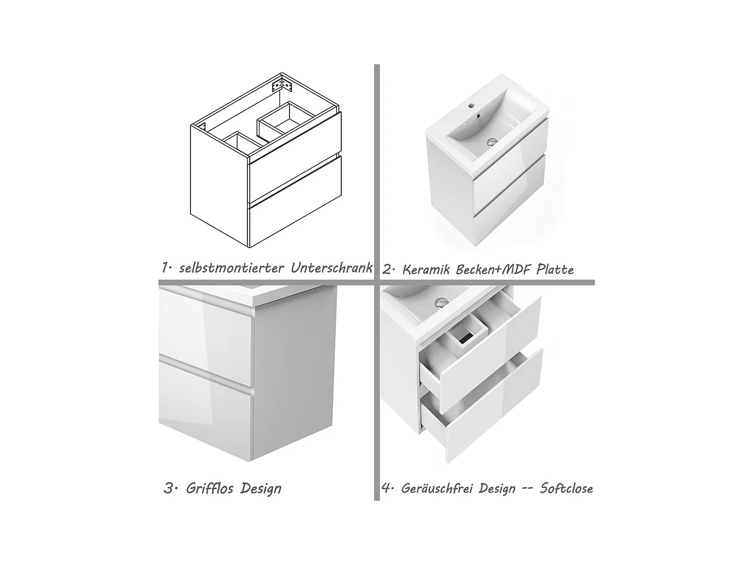 AICA Waschbeckenunterschrank 50cm Keramik Waschtisch mit Unterschrank - Hochglanz Weiß Hängeschrank - CINIC