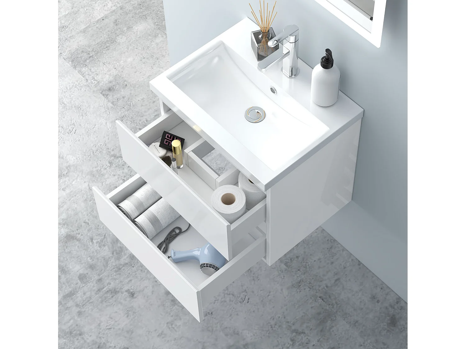 AICA Waschbeckenunterschrank 50cm Keramik Waschtisch mit Unterschrank - Hochglanz Weiß Hängeschrank - CINIC