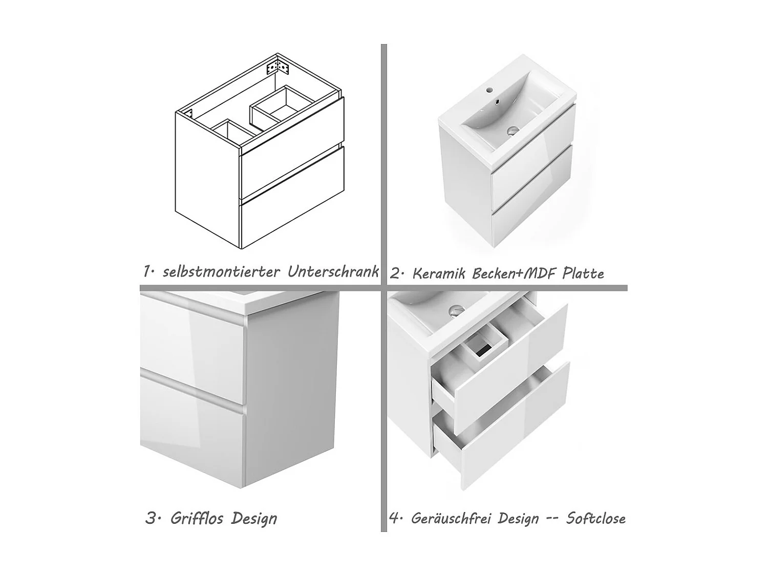 AICA Waschbeckenunterschrank 50cm Keramik Waschtisch mit Unterschrank - Hochglanz Weiß Hängeschrank - CINIC