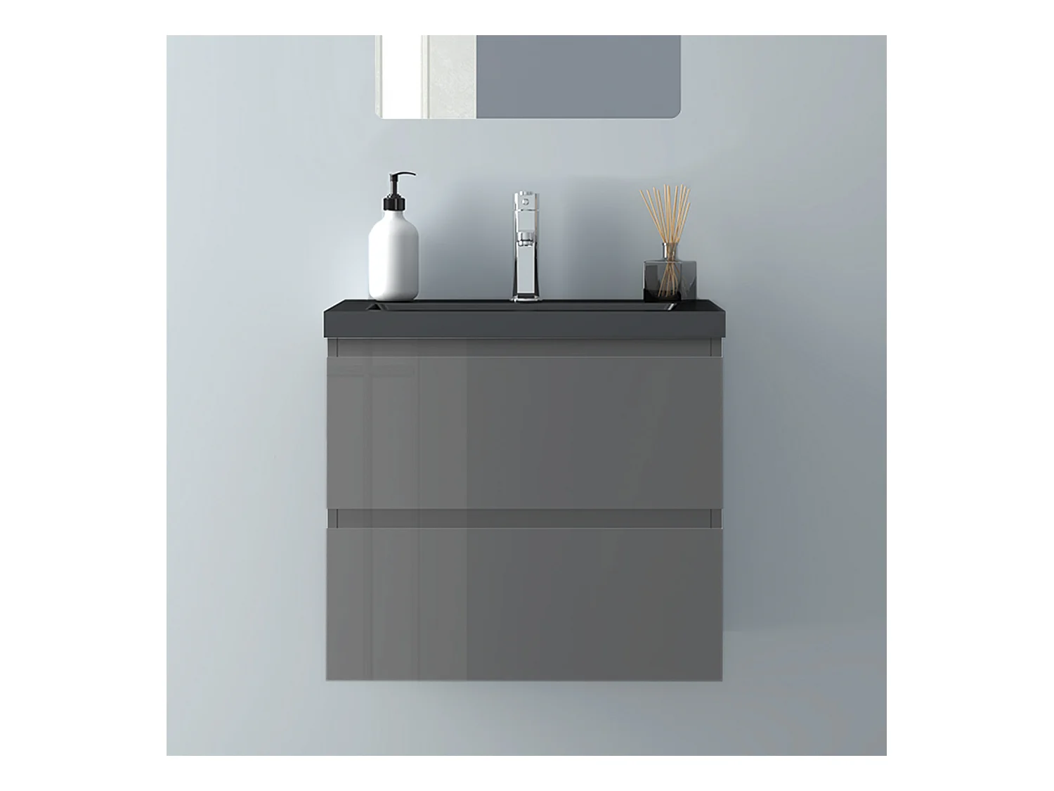 AICA Waschbeckenunterschrank hängend 60cm Schwarz Mineralguss Waschtisch mit Unterschrank - Hochglanz Dunkelgrau - CINIC