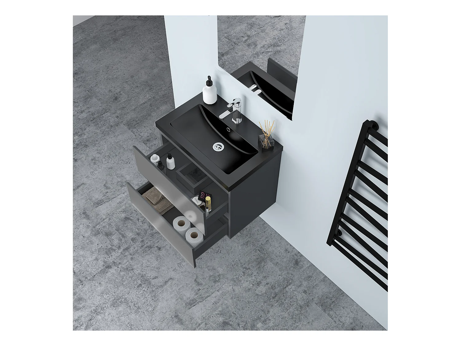 AICA Waschbeckenunterschrank hängend 60cm Schwarz Mineralguss Waschtisch mit Unterschrank - Hochglanz Dunkelgrau - CINIC