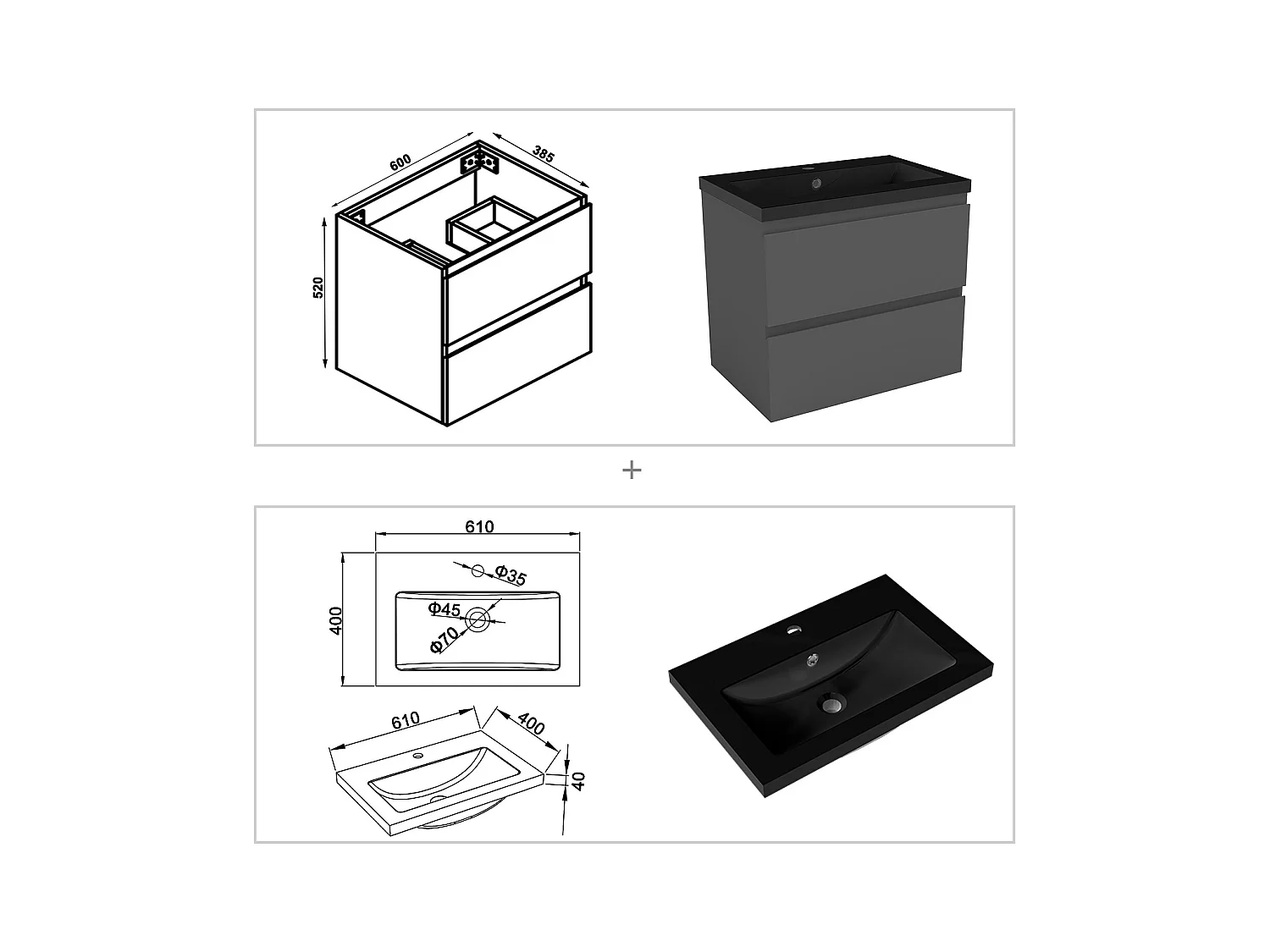 AICA Waschbeckenunterschrank hängend 60cm Schwarz Mineralguss Waschtisch mit Unterschrank - Hochglanz Dunkelgrau - CINIC