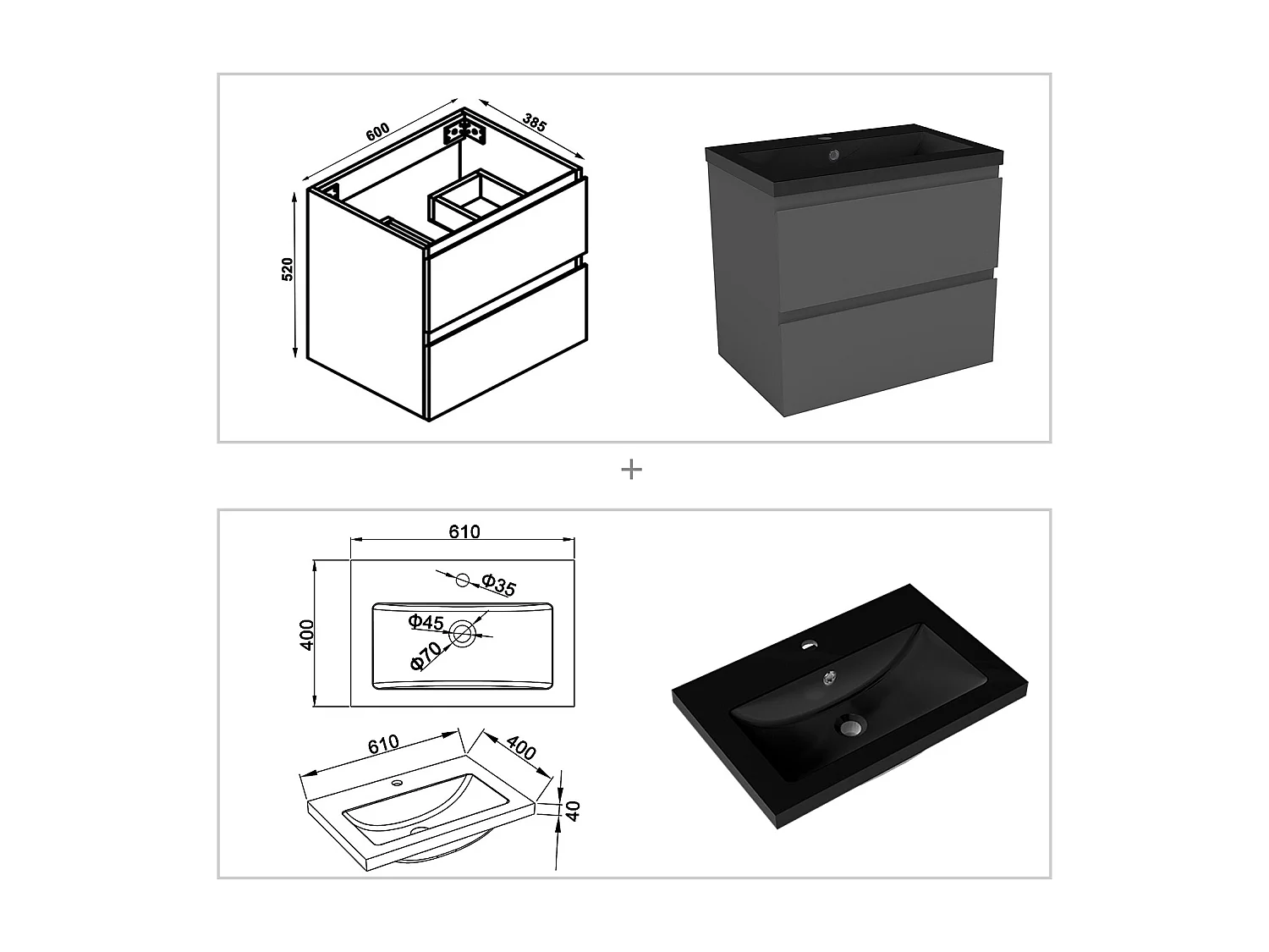 AICA Waschbeckenunterschrank hängend 60cm Schwarz Mineralguss Waschtisch mit Unterschrank - Hochglanz Dunkelgrau - CINIC
