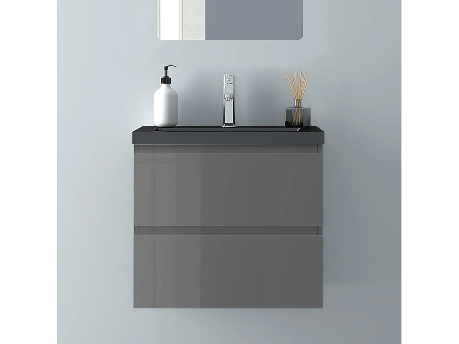AICA Waschbeckenunterschrank hängend 60cm Schwarz Mineralguss Waschtisch mit Unterschrank - Hochglanz Dunkelgrau - CINIC