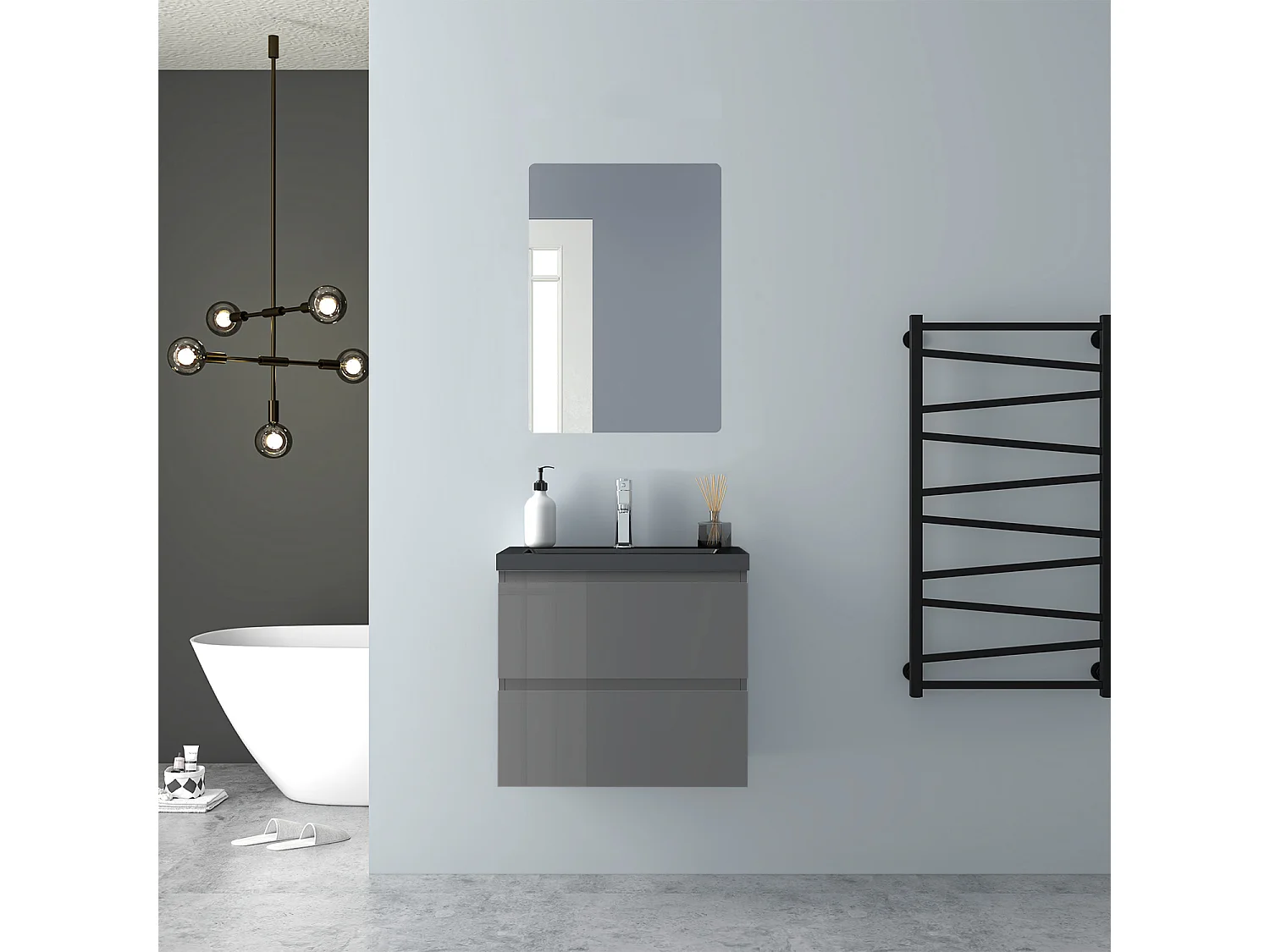 AICA Waschbeckenunterschrank hängend 60cm Schwarz Mineralguss Waschtisch mit Unterschrank - Hochglanz Dunkelgrau - CINIC