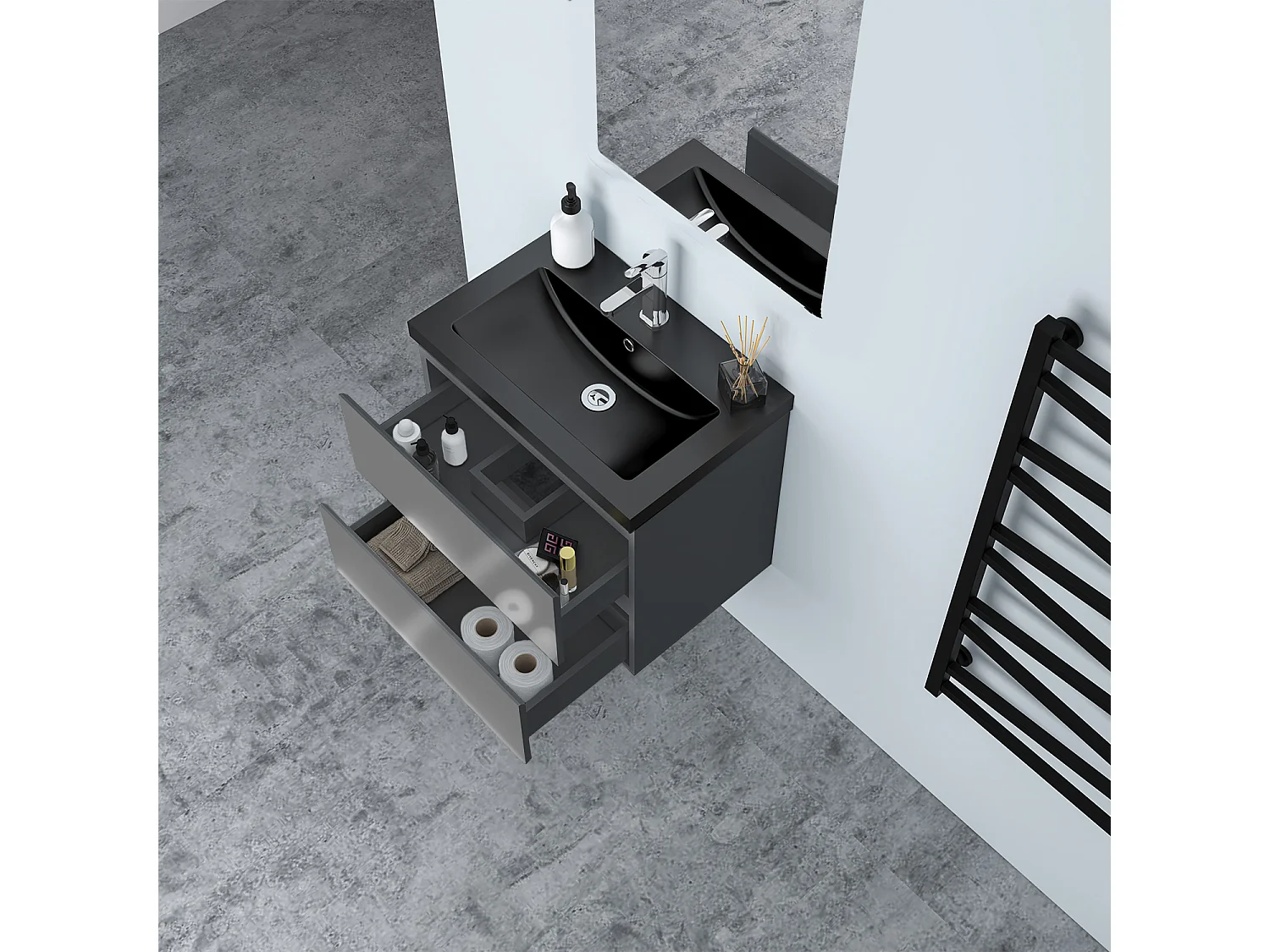 AICA Waschbeckenunterschrank hängend 60cm Schwarz Mineralguss Waschtisch mit Unterschrank - Hochglanz Dunkelgrau - CINIC