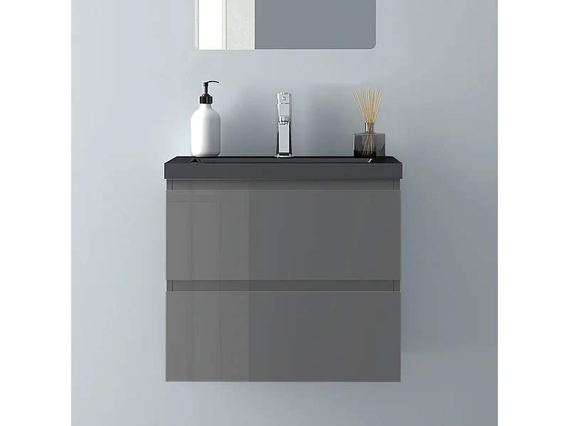 AICA Waschbeckenunterschrank hängend 60cm Schwarz Mineralguss Waschtisch mit Unterschrank - Hochglanz Dunkelgrau - CINIC