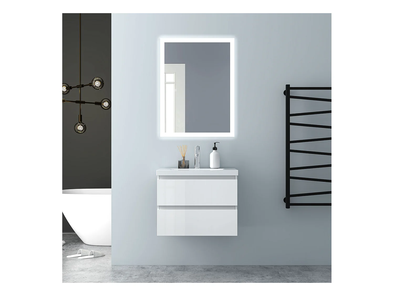 AICA Waschbeckenunterschrank 60cm Dickes Keramik Waschtisch mit Unterschrank - Hochglanz Weiß Hängeschrank - CINIC