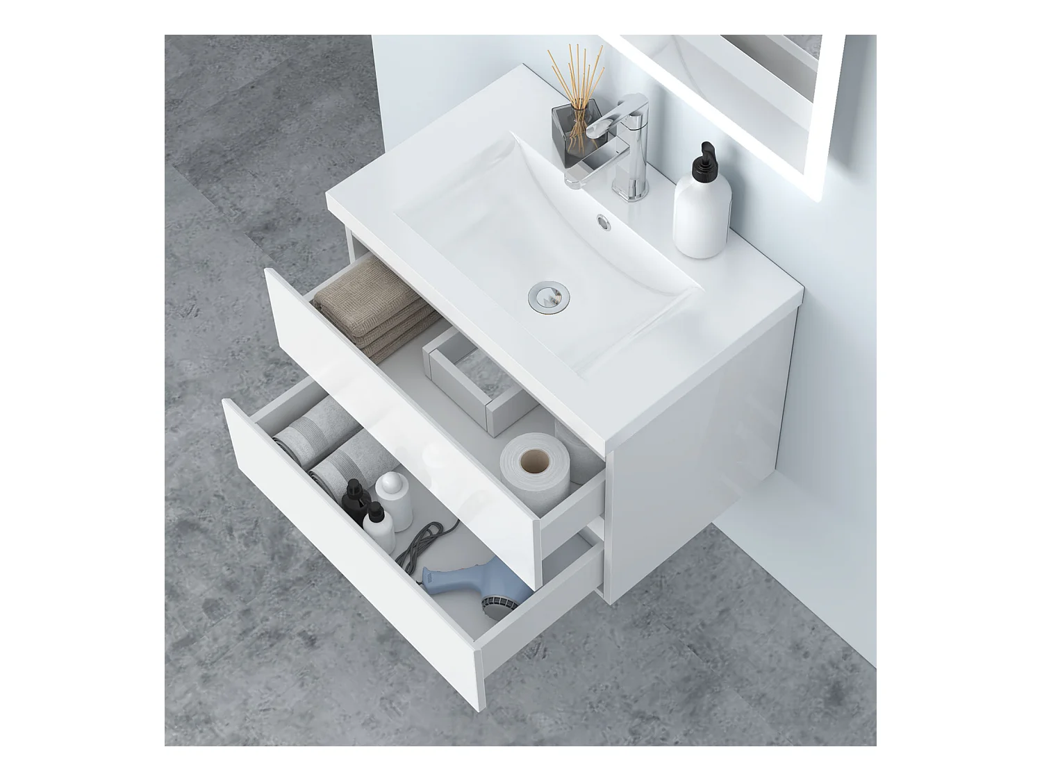 AICA Waschbeckenunterschrank 60cm Dickes Keramik Waschtisch mit Unterschrank - Hochglanz Weiß Hängeschrank - CINIC