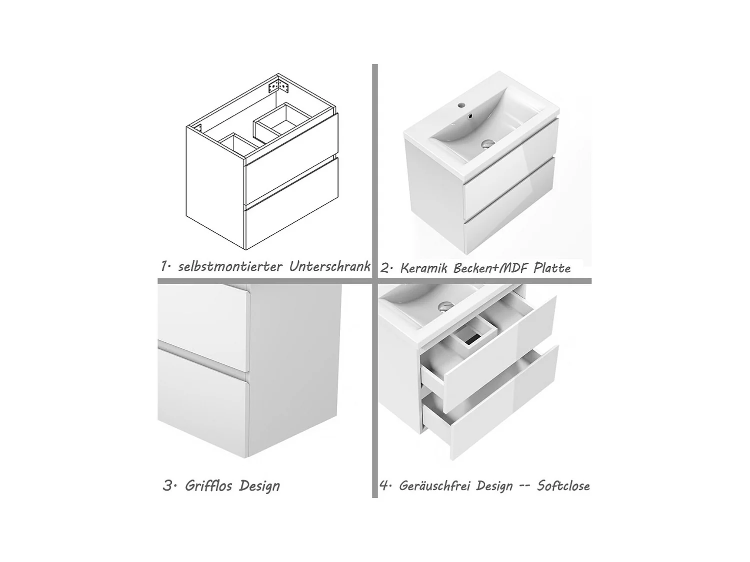 AICA Waschbeckenunterschrank 60cm Dickes Keramik Waschtisch mit Unterschrank - Hochglanz Weiß Hängeschrank - CINIC