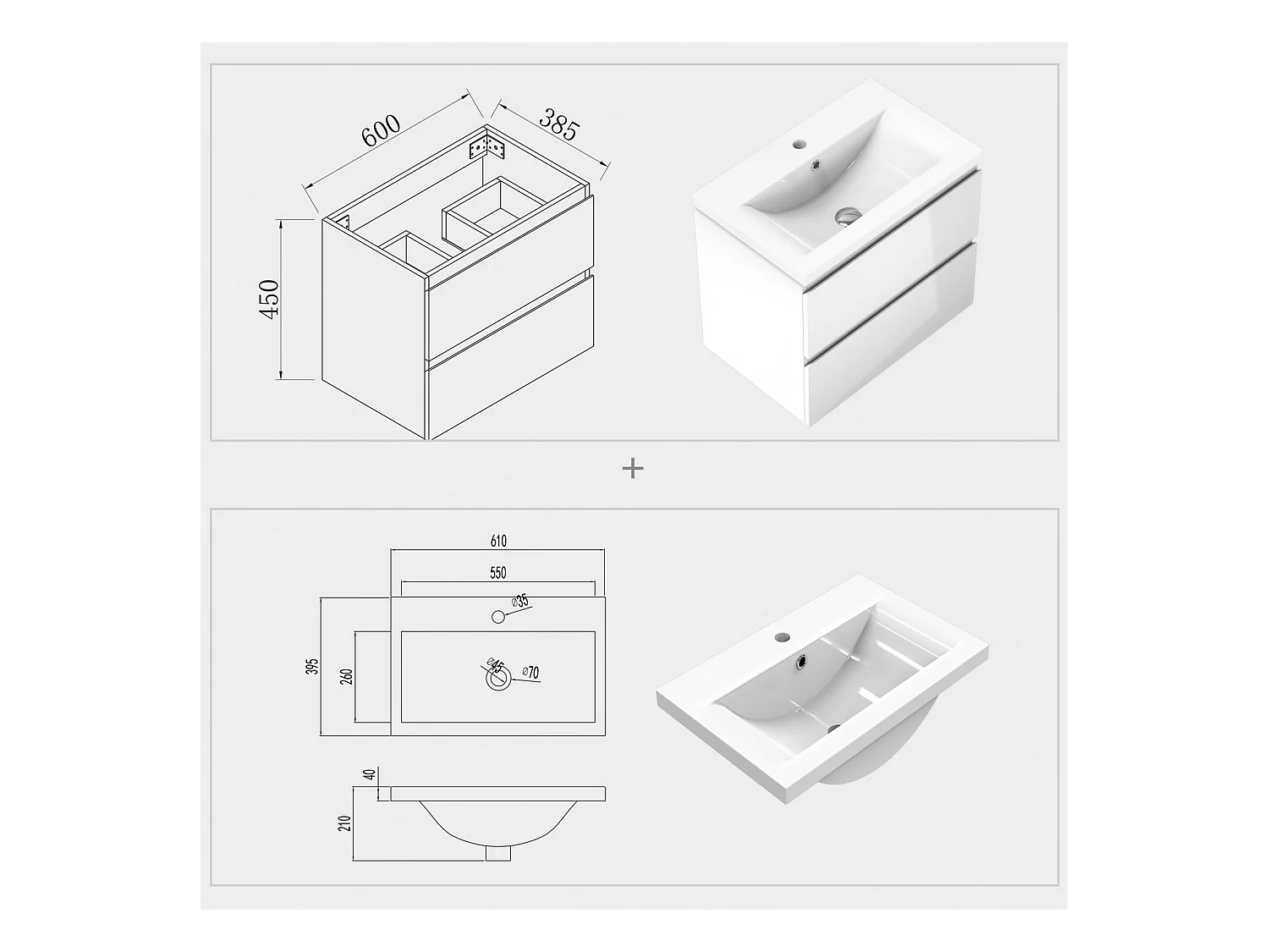 AICA Waschbeckenunterschrank 60cm Dickes Keramik Waschtisch mit Unterschrank - Hochglanz Weiß Hängeschrank - CINIC