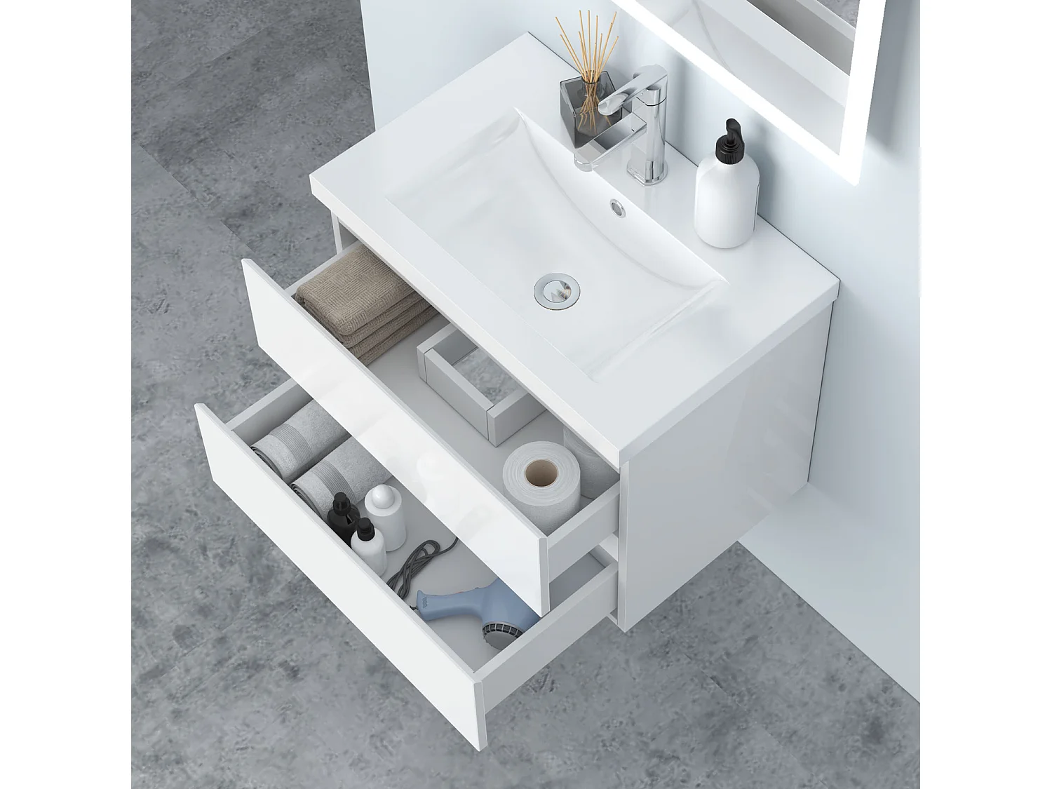 AICA Waschbeckenunterschrank 60cm Dickes Keramik Waschtisch mit Unterschrank - Hochglanz Weiß Hängeschrank - CINIC