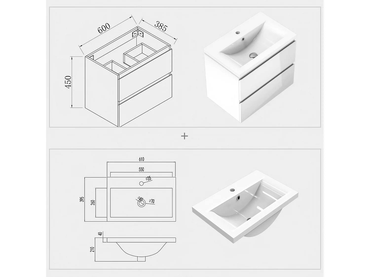 AICA Waschbeckenunterschrank 60cm Dickes Keramik Waschtisch mit Unterschrank - Hochglanz Weiß Hängeschrank - CINIC