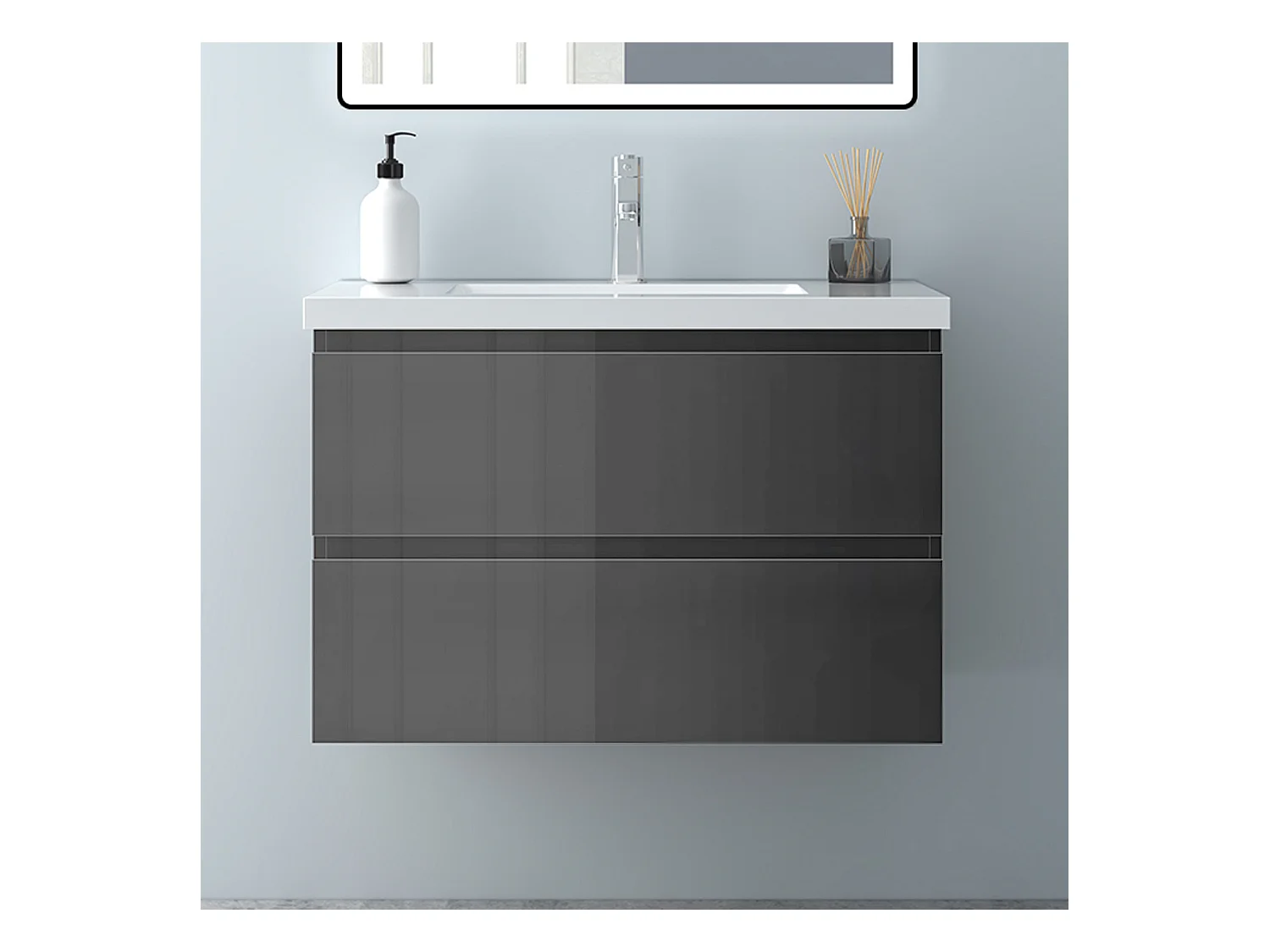 AICA Waschbeckenunterschrank hängend 80cm Mineralguss Waschtisch mit Unterschrank - Hochglanz Dunkelgrau - CINIC