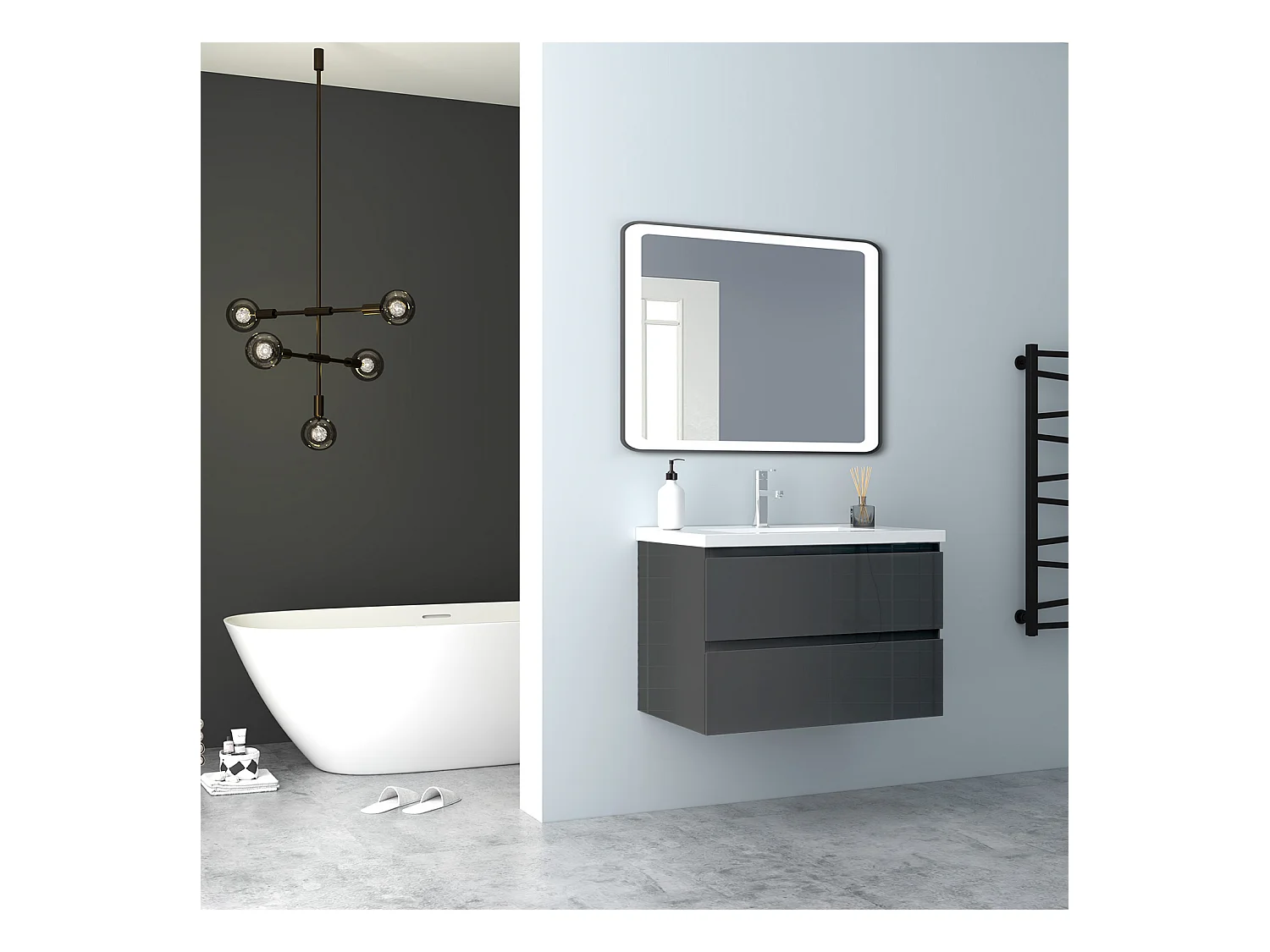 AICA Waschbeckenunterschrank hängend 80cm Mineralguss Waschtisch mit Unterschrank - Hochglanz Dunkelgrau - CINIC