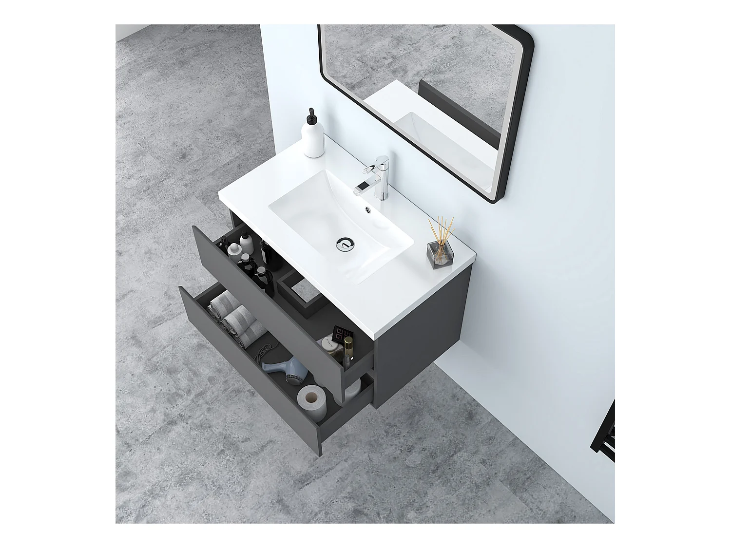 AICA Waschbeckenunterschrank hängend 80cm Mineralguss Waschtisch mit Unterschrank - Hochglanz Dunkelgrau - CINIC