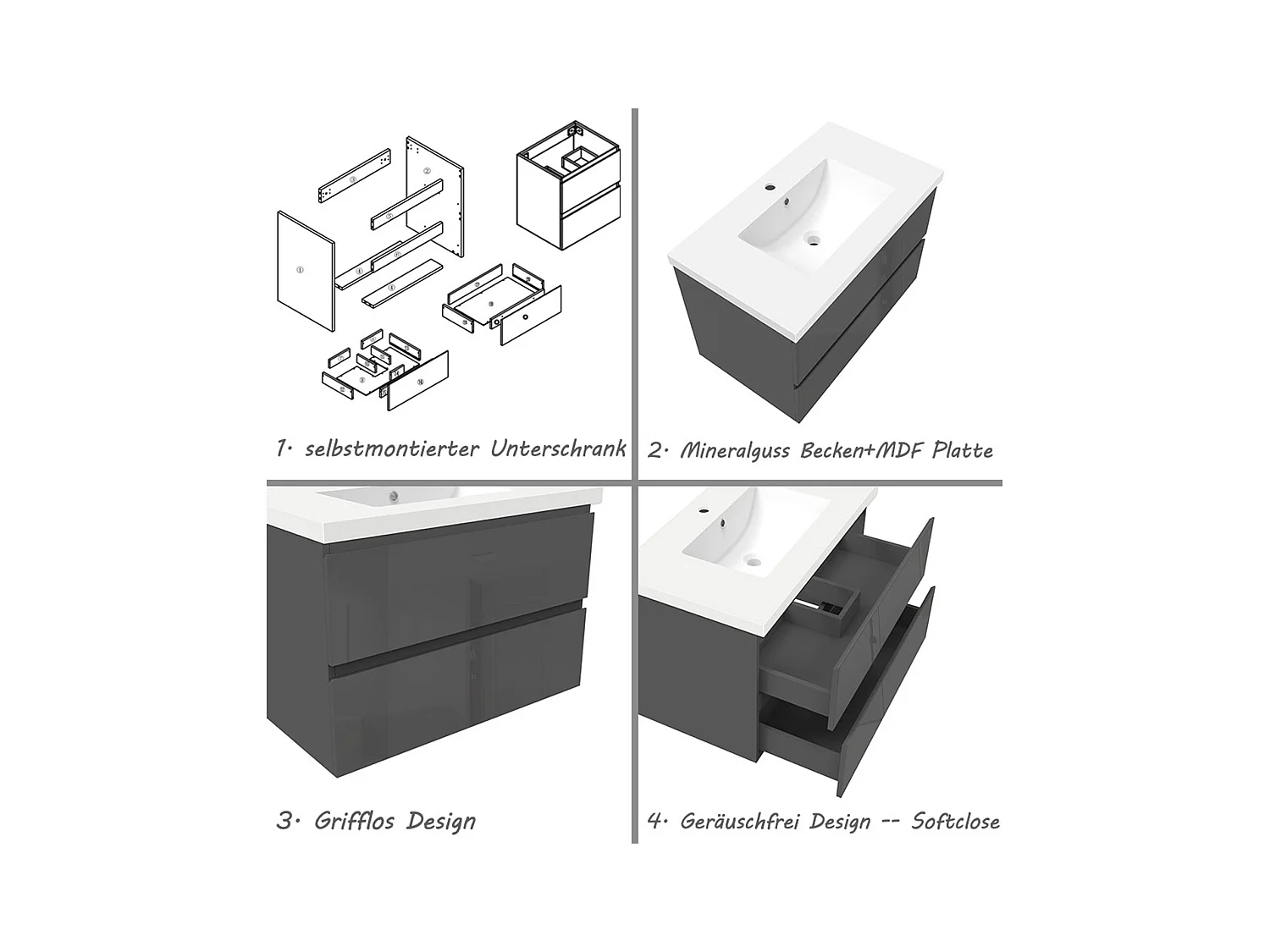 AICA Waschbeckenunterschrank hängend 80cm Mineralguss Waschtisch mit Unterschrank - Hochglanz Dunkelgrau - CINIC