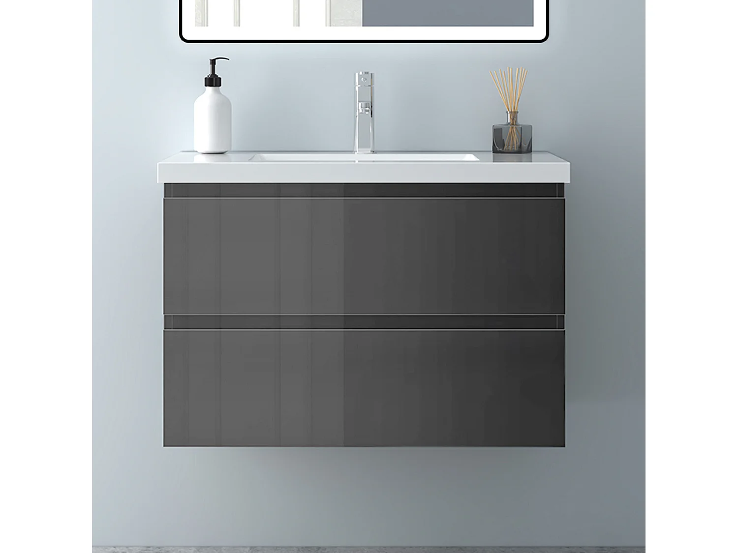 AICA Waschbeckenunterschrank hängend 80cm Mineralguss Waschtisch mit Unterschrank - Hochglanz Dunkelgrau - CINIC