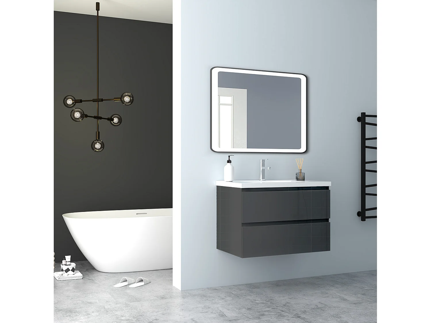 AICA Waschbeckenunterschrank hängend 80cm Mineralguss Waschtisch mit Unterschrank - Hochglanz Dunkelgrau - CINIC