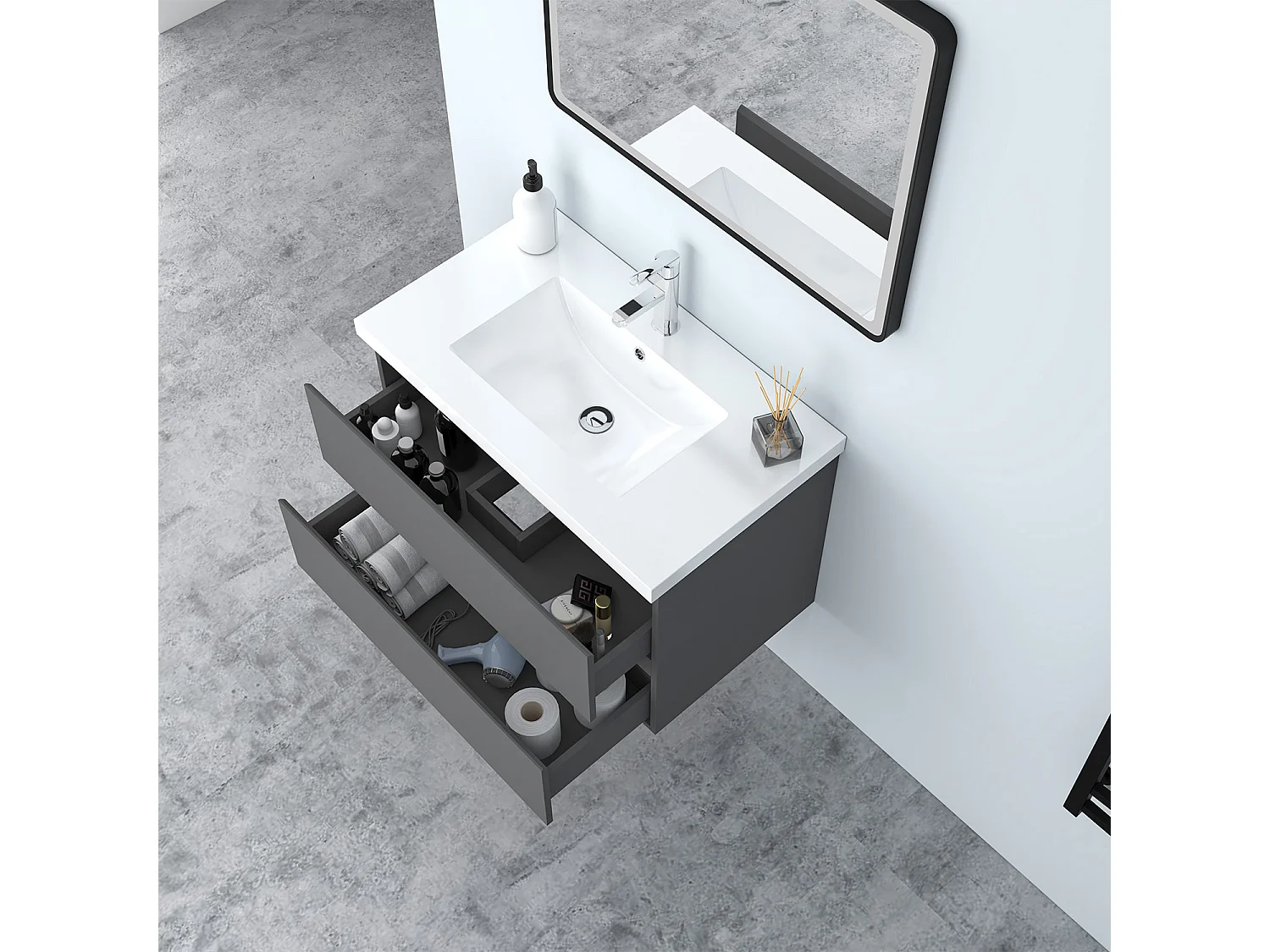 AICA Waschbeckenunterschrank hängend 80cm Mineralguss Waschtisch mit Unterschrank - Hochglanz Dunkelgrau - CINIC
