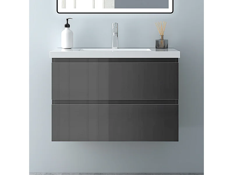 AICA Waschbeckenunterschrank hängend 80cm Mineralguss Waschtisch mit Unterschrank - Hochglanz Dunkelgrau - CINIC