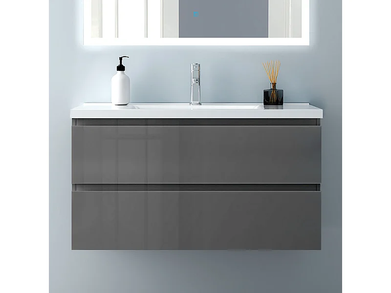 AICA Waschbeckenunterschrank hängend 100cm Keramik Waschtisch mit Unterschrank - Hochglanz Dunkelgrau - CINIC