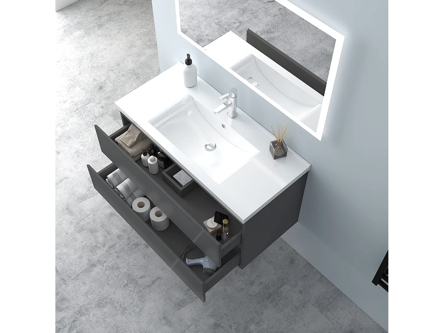 AICA Waschbeckenunterschrank hängend 100cm Keramik Waschtisch mit Unterschrank - Hochglanz Dunkelgrau - CINIC