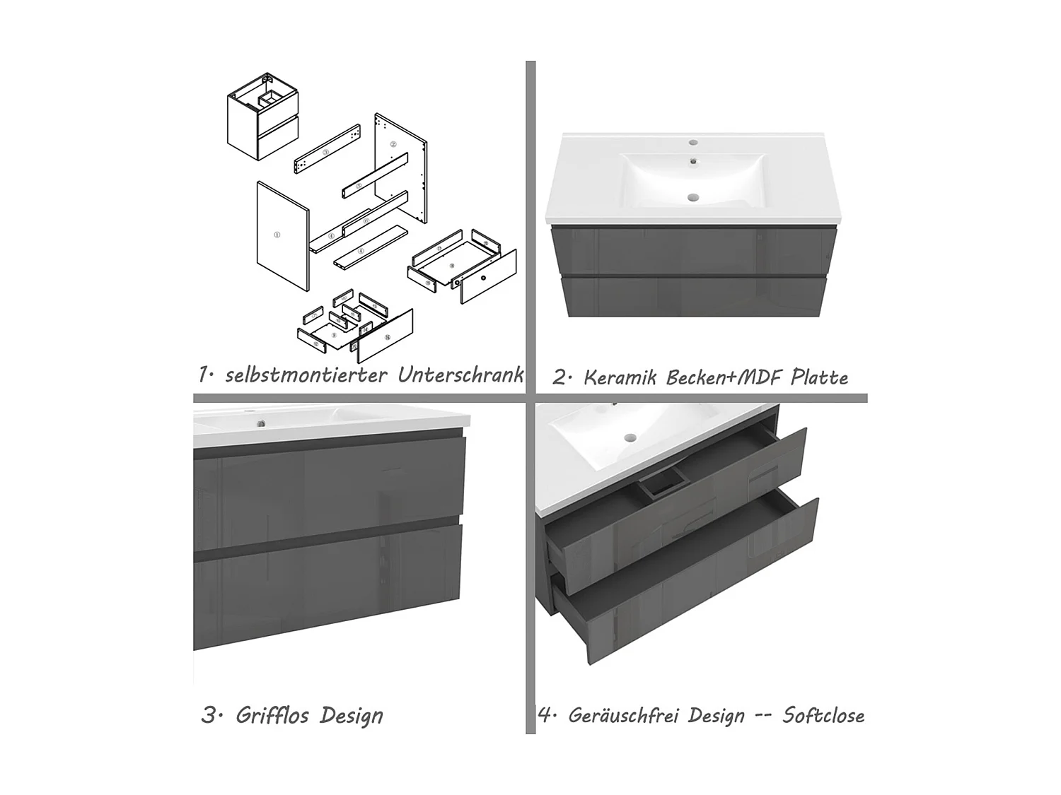 AICA Waschbeckenunterschrank hängend 100cm Keramik Waschtisch mit Unterschrank - Hochglanz Dunkelgrau - CINIC