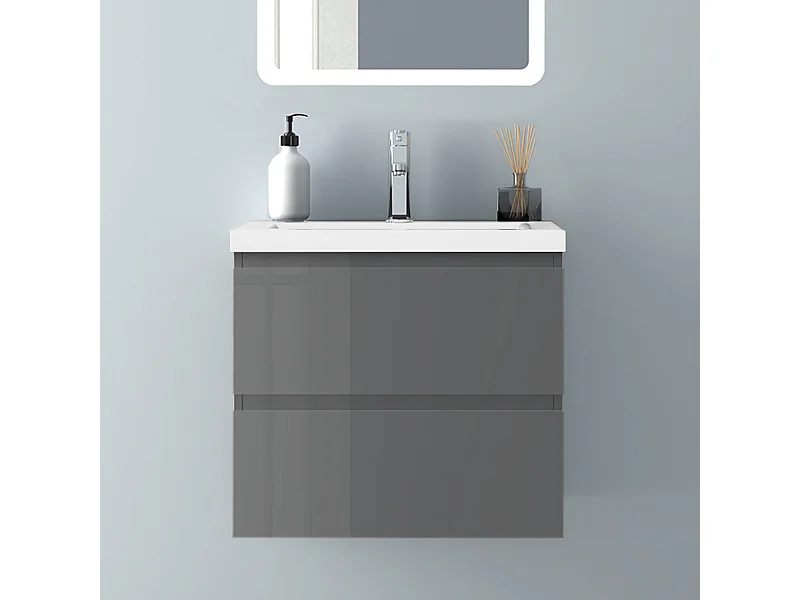 AICA Waschbeckenunterschrank hängend 60cm Dickes Keramik Waschtisch mit Unterschrank - Hochglanz Dunkelgrau - CINIC