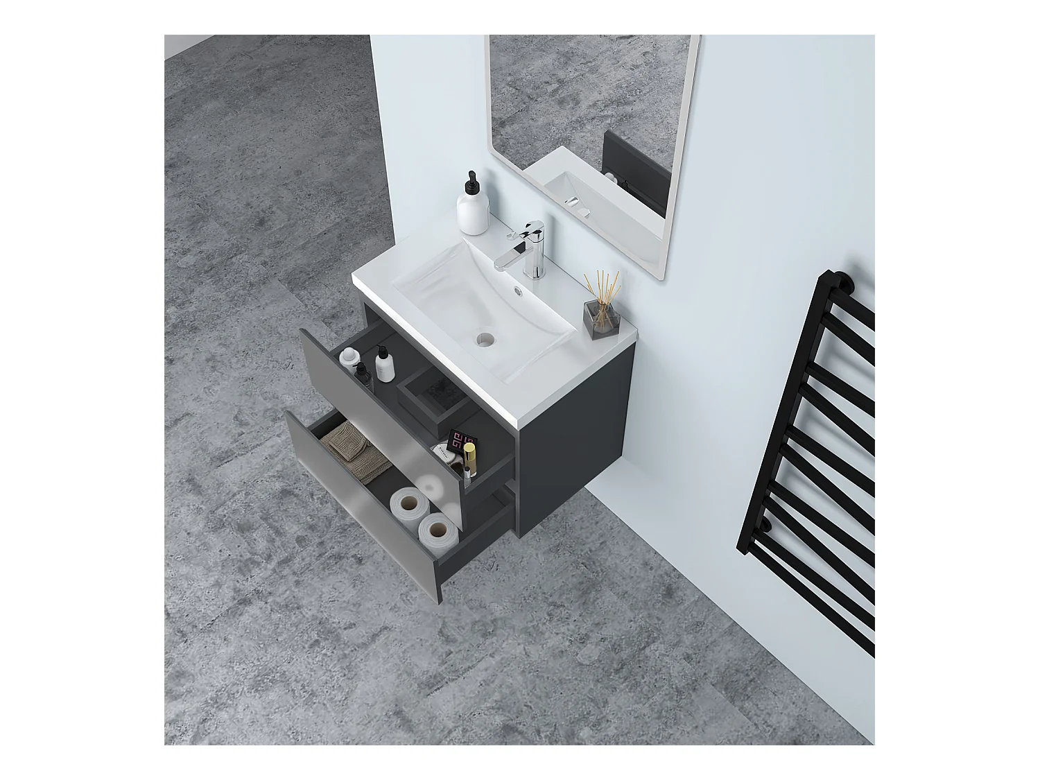 AICA Waschbeckenunterschrank hängend 60cm Dickes Keramik Waschtisch mit Unterschrank - Hochglanz Dunkelgrau - CINIC