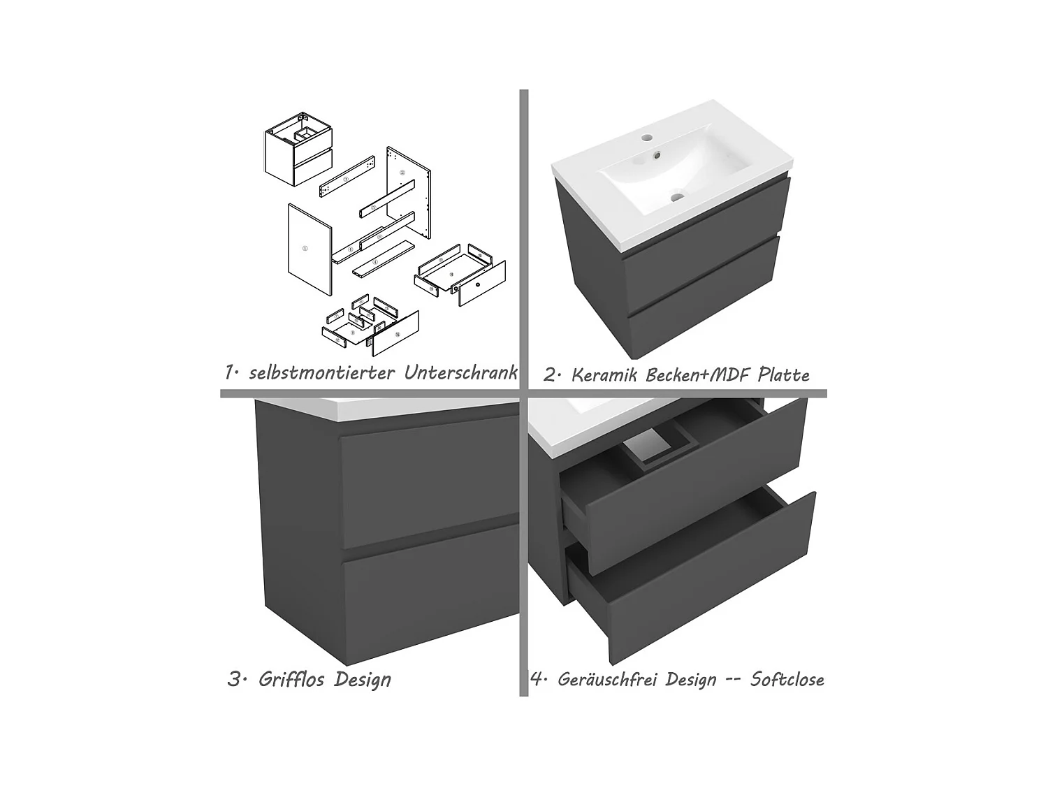 AICA Waschbeckenunterschrank hängend 60cm Dickes Keramik Waschtisch mit Unterschrank - Hochglanz Dunkelgrau - CINIC