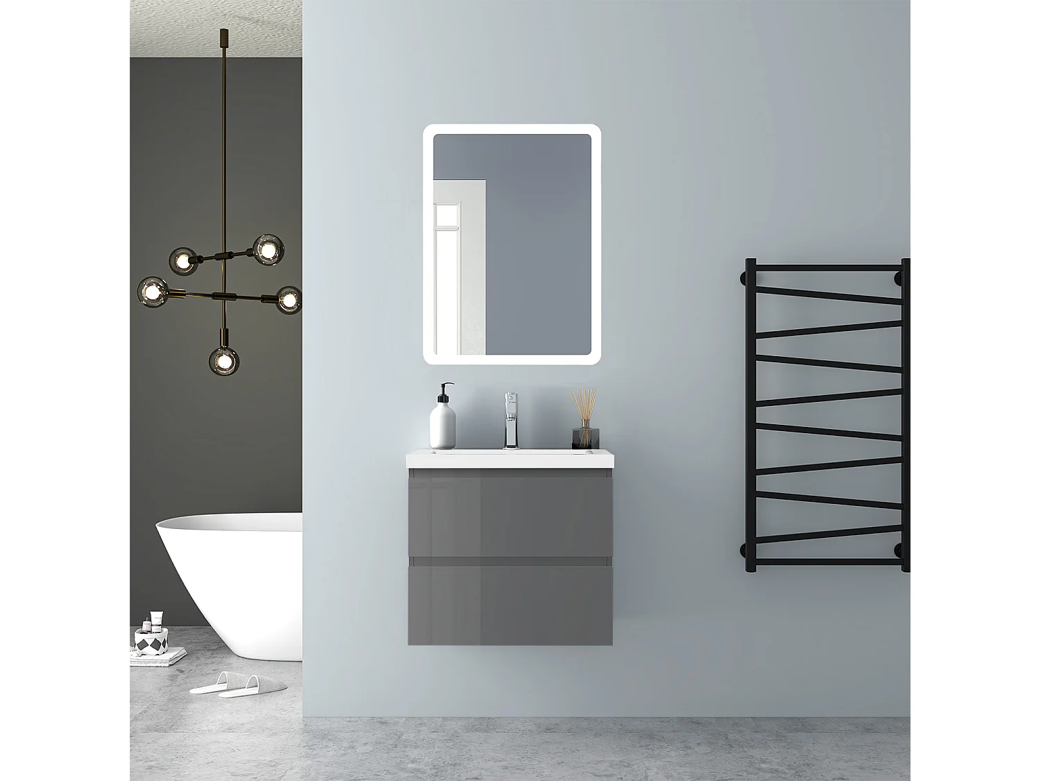 AICA Waschbeckenunterschrank hängend 60cm Dickes Keramik Waschtisch mit Unterschrank - Hochglanz Dunkelgrau - CINIC